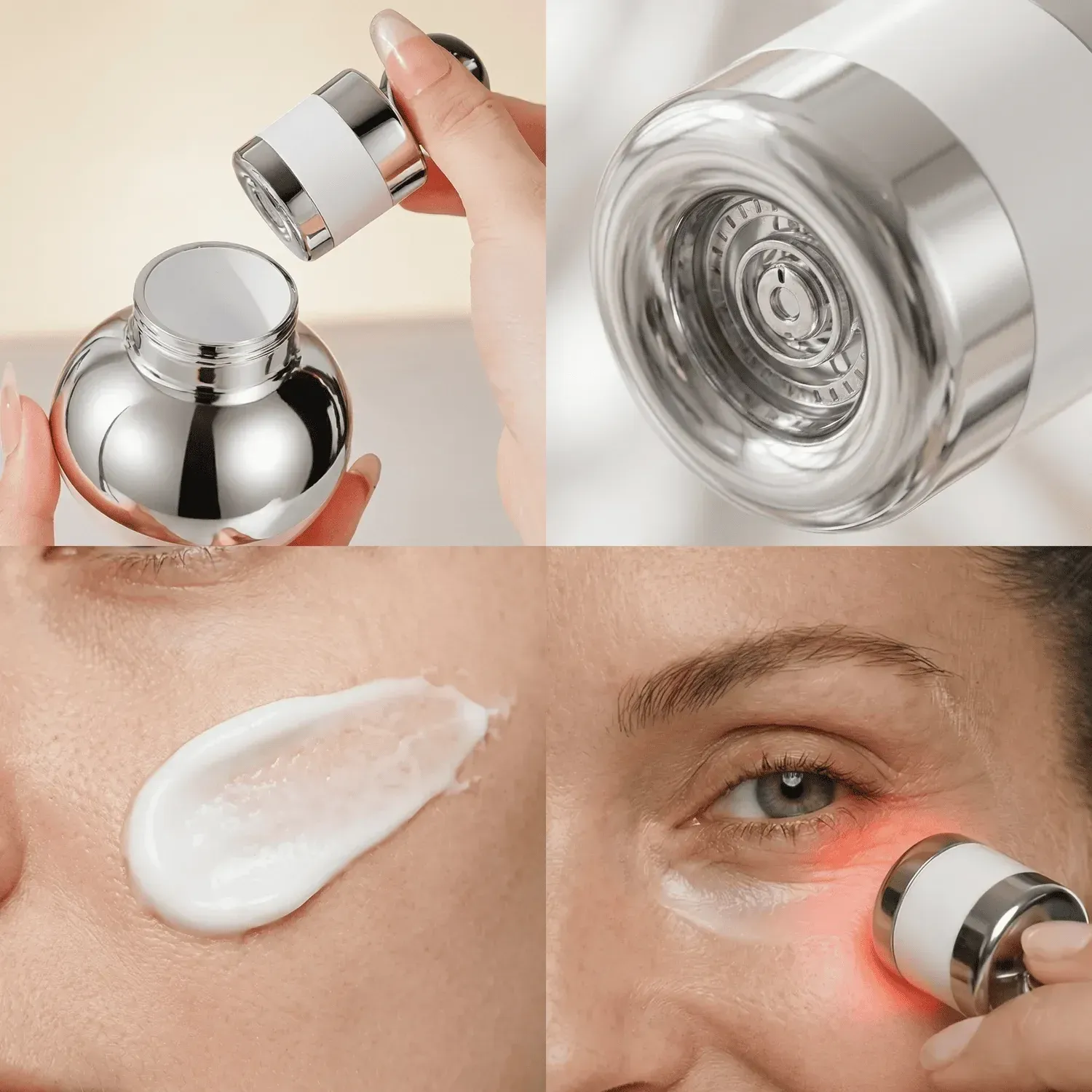 Como usar o creme de contorno dos olhos Revivance — frasco, aplicador, textura e aplicação